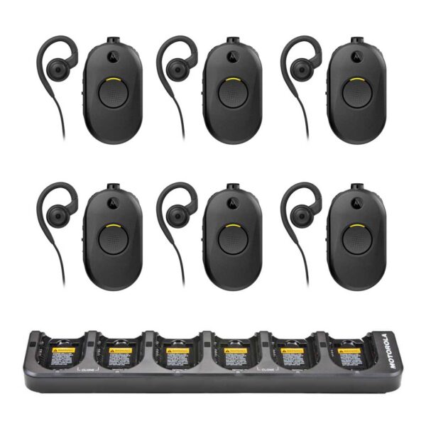 Set Van 6 Motorola CLPe Portofoons Met Oortjes En Multilader
